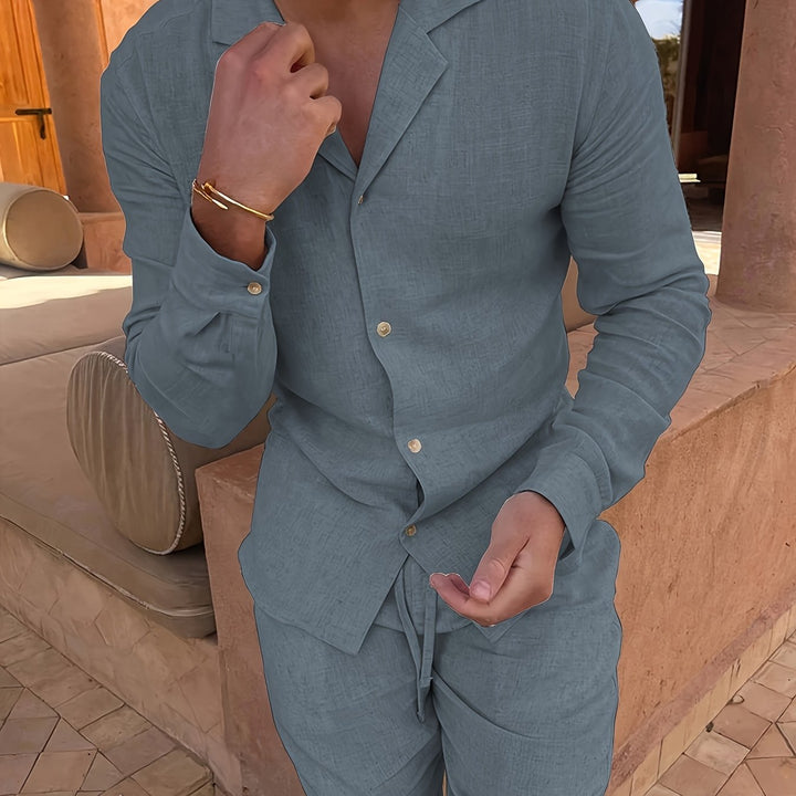 Men's camel linen blend two-piece set neatly displayed on a hanger, showcasing minimalist fashion.