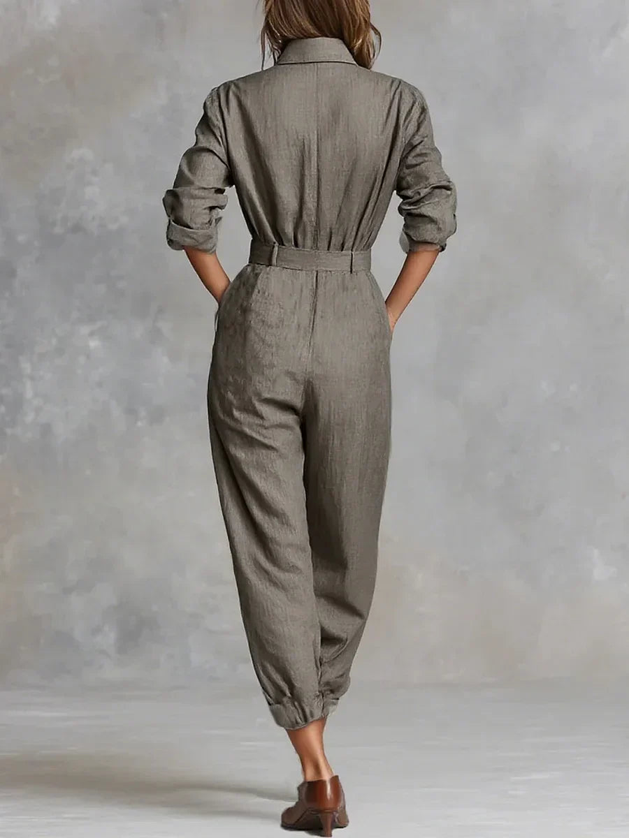Versatile women's long sleeve jumpsuit with shirt collar. Elegant yet casual, perfect for spring or autumn fashion.