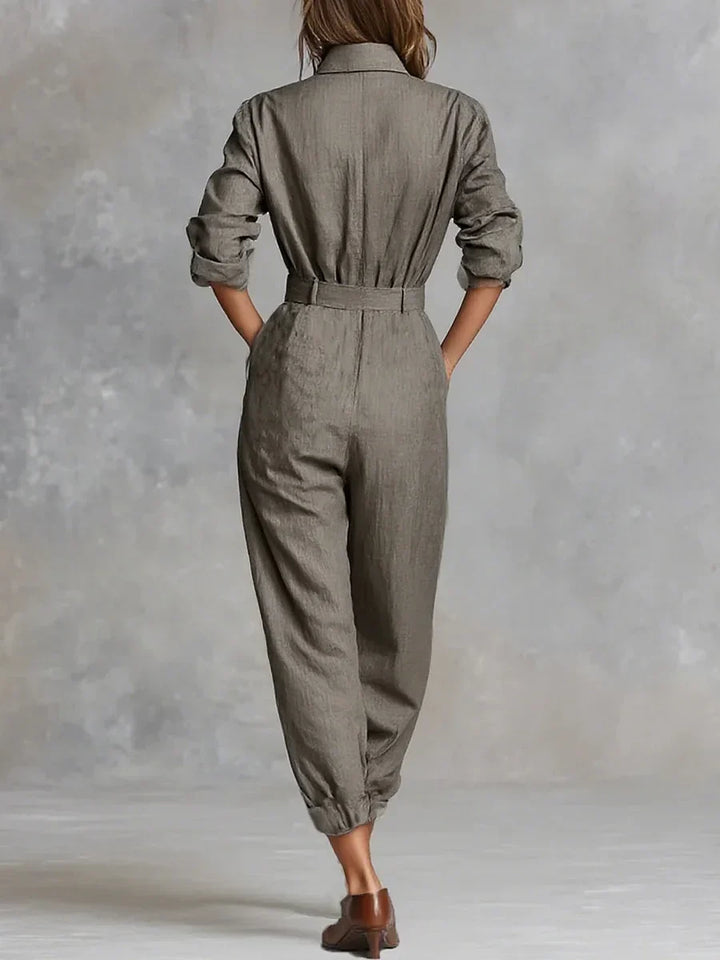 Versatile women's long sleeve jumpsuit with shirt collar. Elegant yet casual, perfect for spring or autumn fashion.