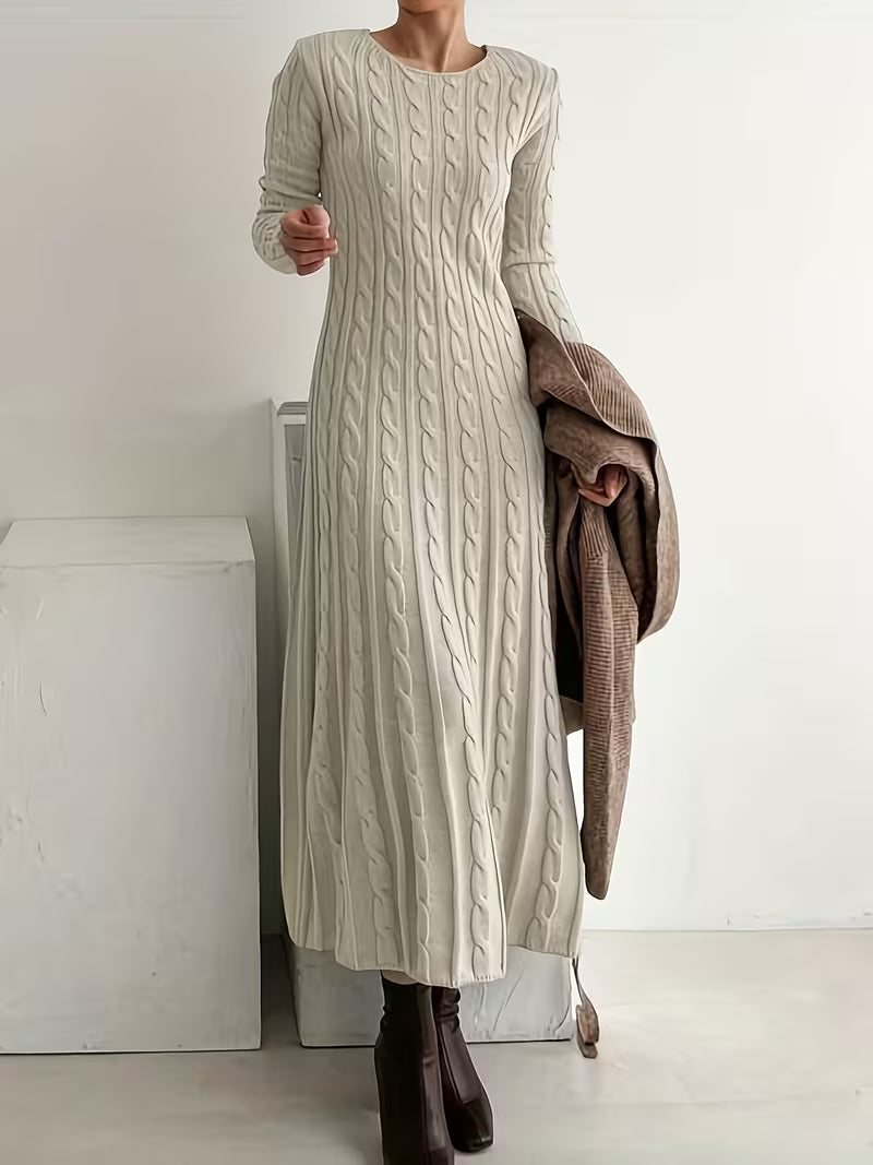 Elegant women's knitted midi dress, perfect for fall/winter comfort & style. Timeless long sleeve design.