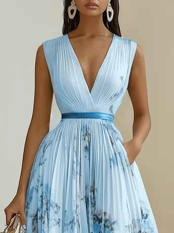 Elegant women's sleeveless maxi dress with a flattering V-neck, ideal for summer occasions.