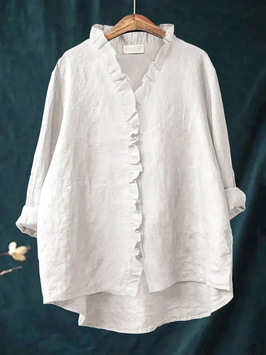 Comfortable women's ruffle V-neck blouse for spring & summer. Relaxed fit elegant top.