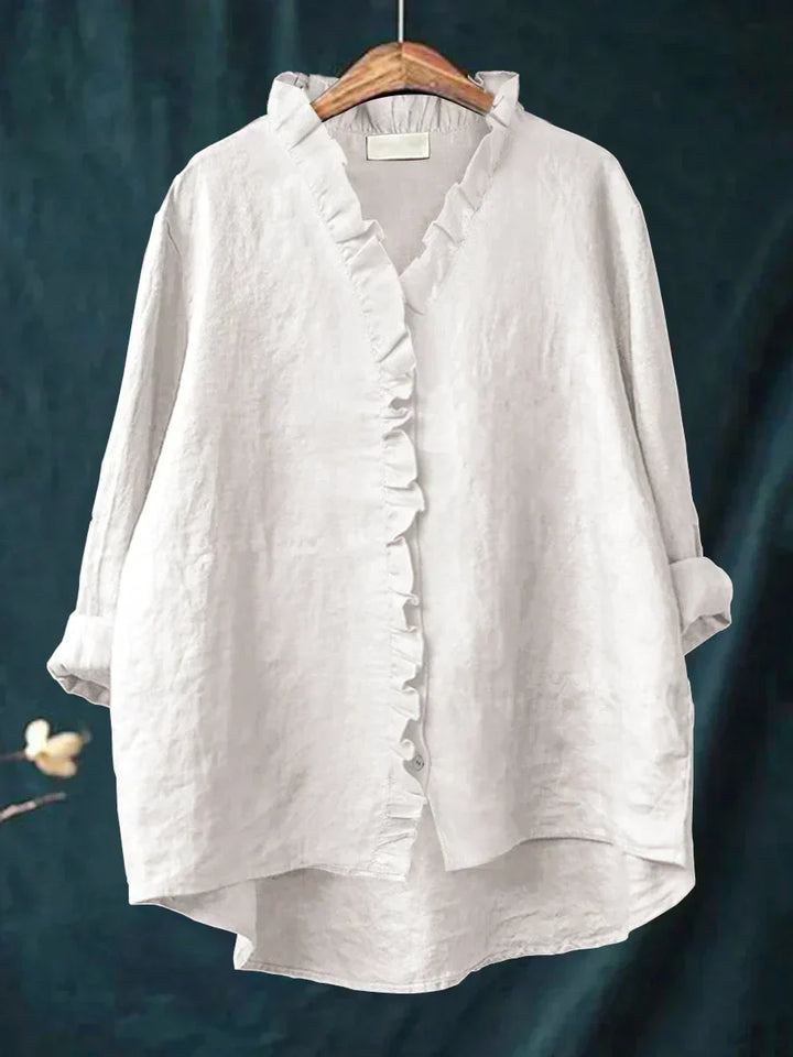 Comfortable women's ruffle V-neck blouse for spring & summer. Relaxed fit elegant top.