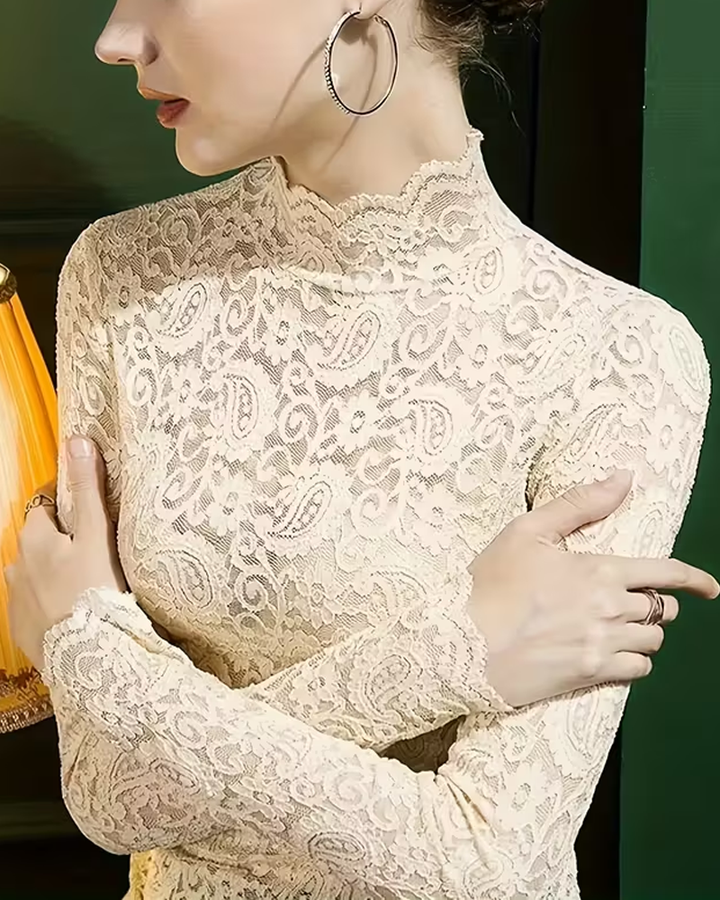 Chic women's solid lace top, semi-transparent long sleeves, sophisticated stand collar.