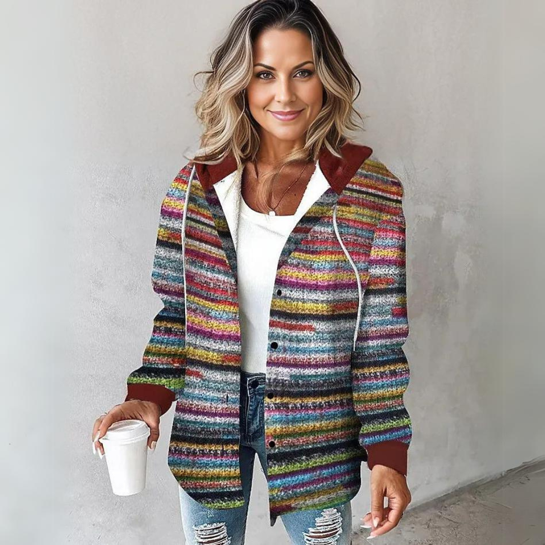 Stylish women's long sleeve vibrant colorful cardigan, comfortable for office chic or a bold statement piece.