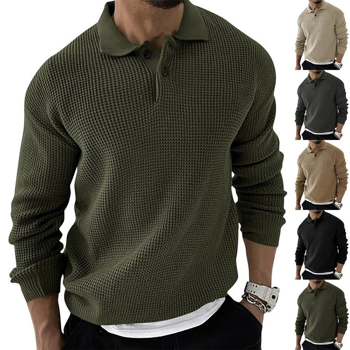 Sophisticated men's long sleeve polo sweater. Relaxed fit pullover, ideal for versatile autumn & winter outfits.