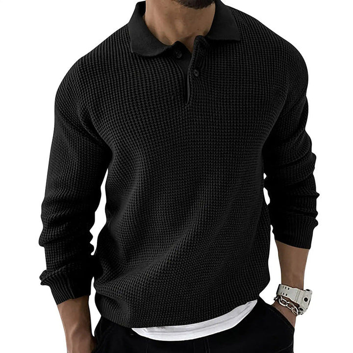 Men's smart casual long sleeve polo sweater. Relaxed fit pullover for effortless autumn & winter style.