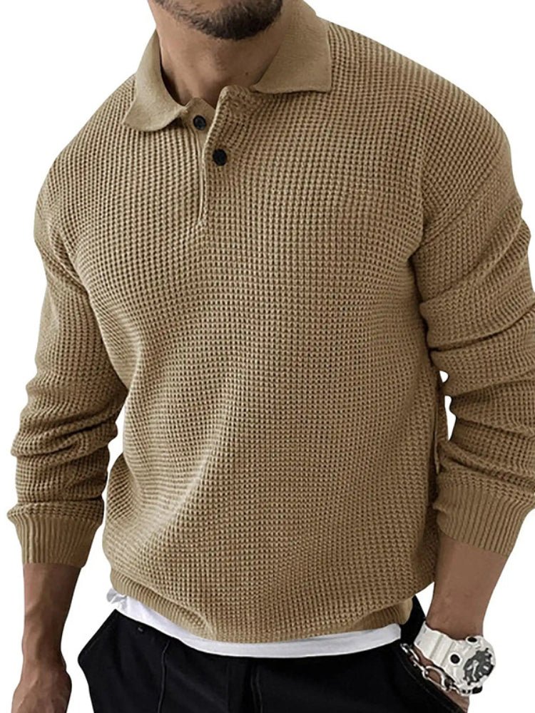 Men's relaxed fit long sleeve polo sweater. Effortless smart casual style for autumn & winter.