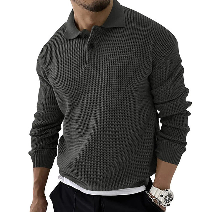 Stylish men's relaxed fit long sleeve polo sweater. A versatile pullover for sophisticated casual autumn wear.