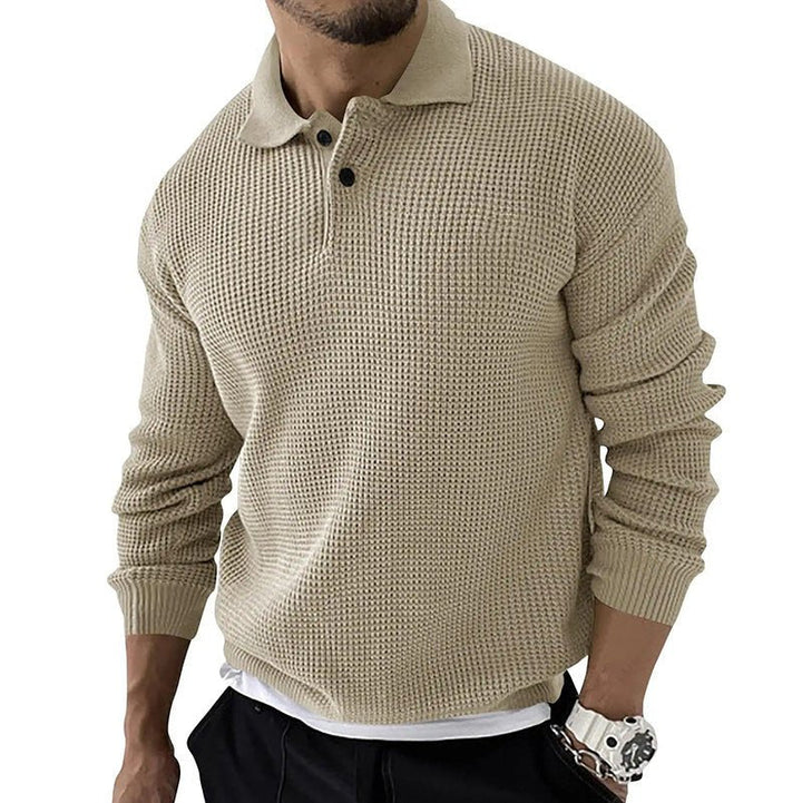 Comfortable men's long sleeve polo sweater in a relaxed fit. Perfect pullover for autumn & winter layering.
