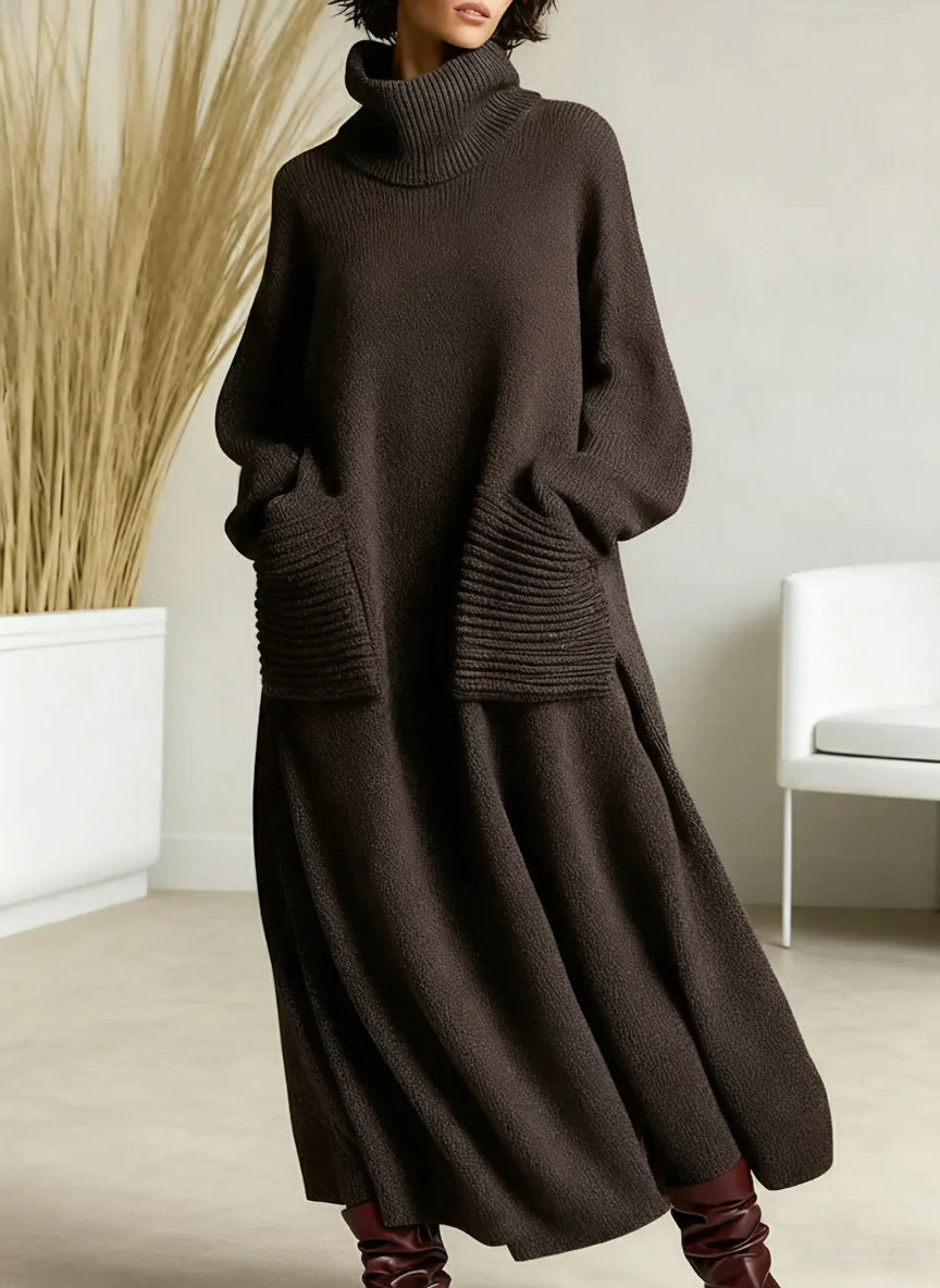 Comfortable high-neck long-sleeve women's dress in a loose, casual fit for fall/winter.