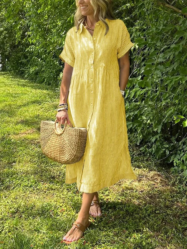 Elegant striped women's maxi shirt dress; classic button-down, perfect for summer office wear and casual style.