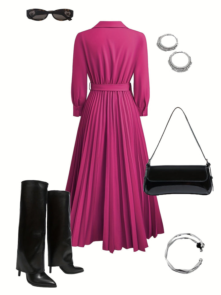 Women's formal pleated V-neck dress with long sleeves. Midi length, ideal for elegant evening wear.