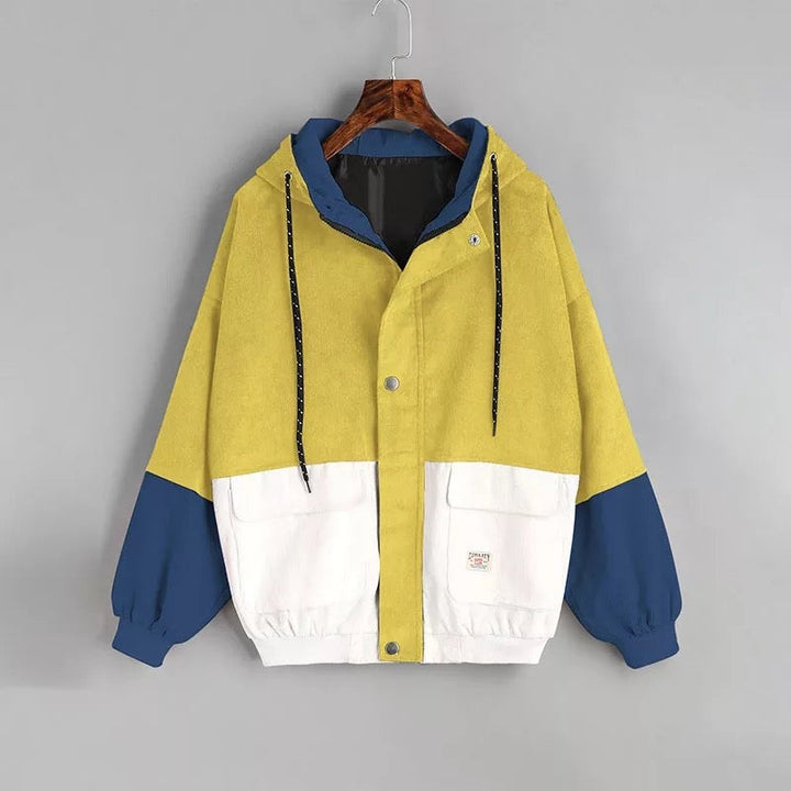 Adjustable waist women's lightweight jacket, a fashionable two-tone outerwear for casual spring days.