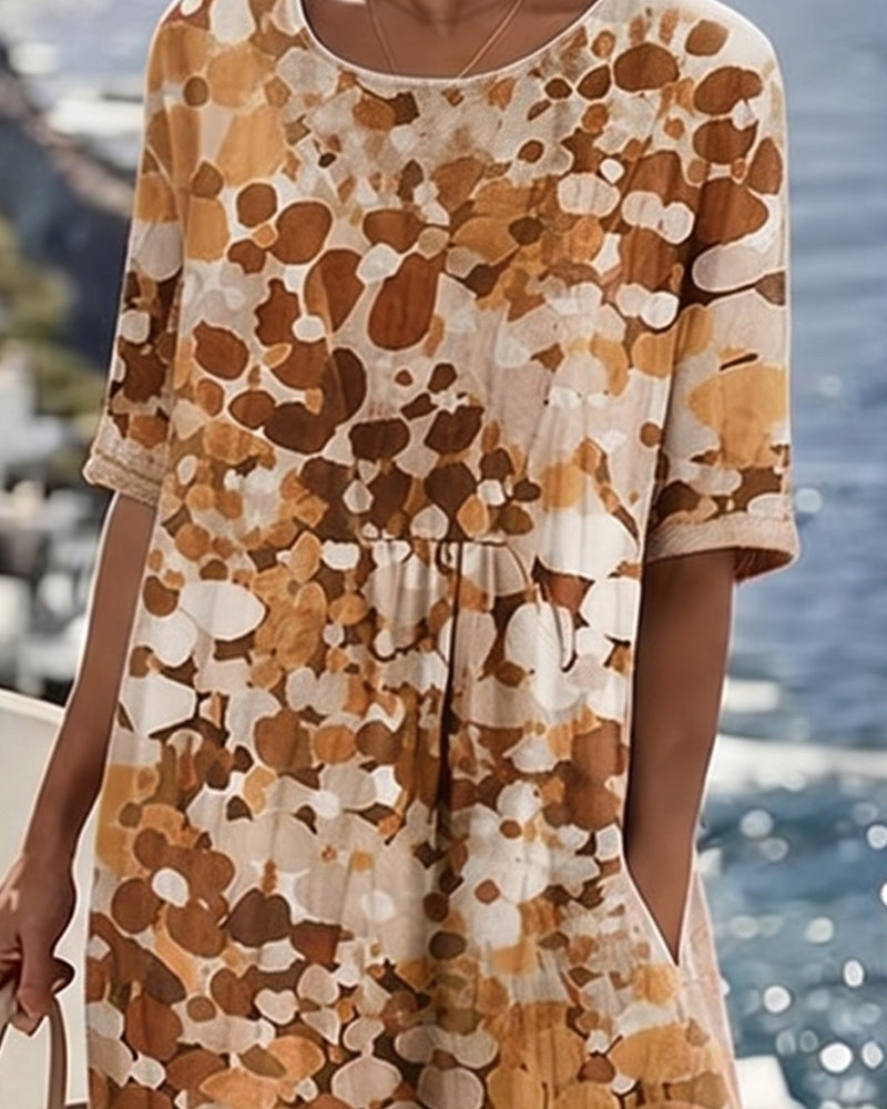 Vibrant floral print women's midi dress, airy fabric, short sleeve, casual chic for spring.