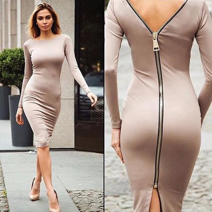 Stylish long sleeve pencil dress for women. Features a discreet back zipper, suitable for year-round elegant fashion.