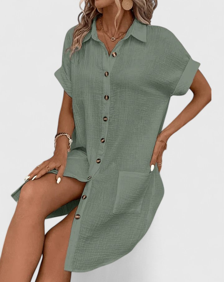 Versatile women's midi dress, great for sophisticated casual summer fashion & flattering look.