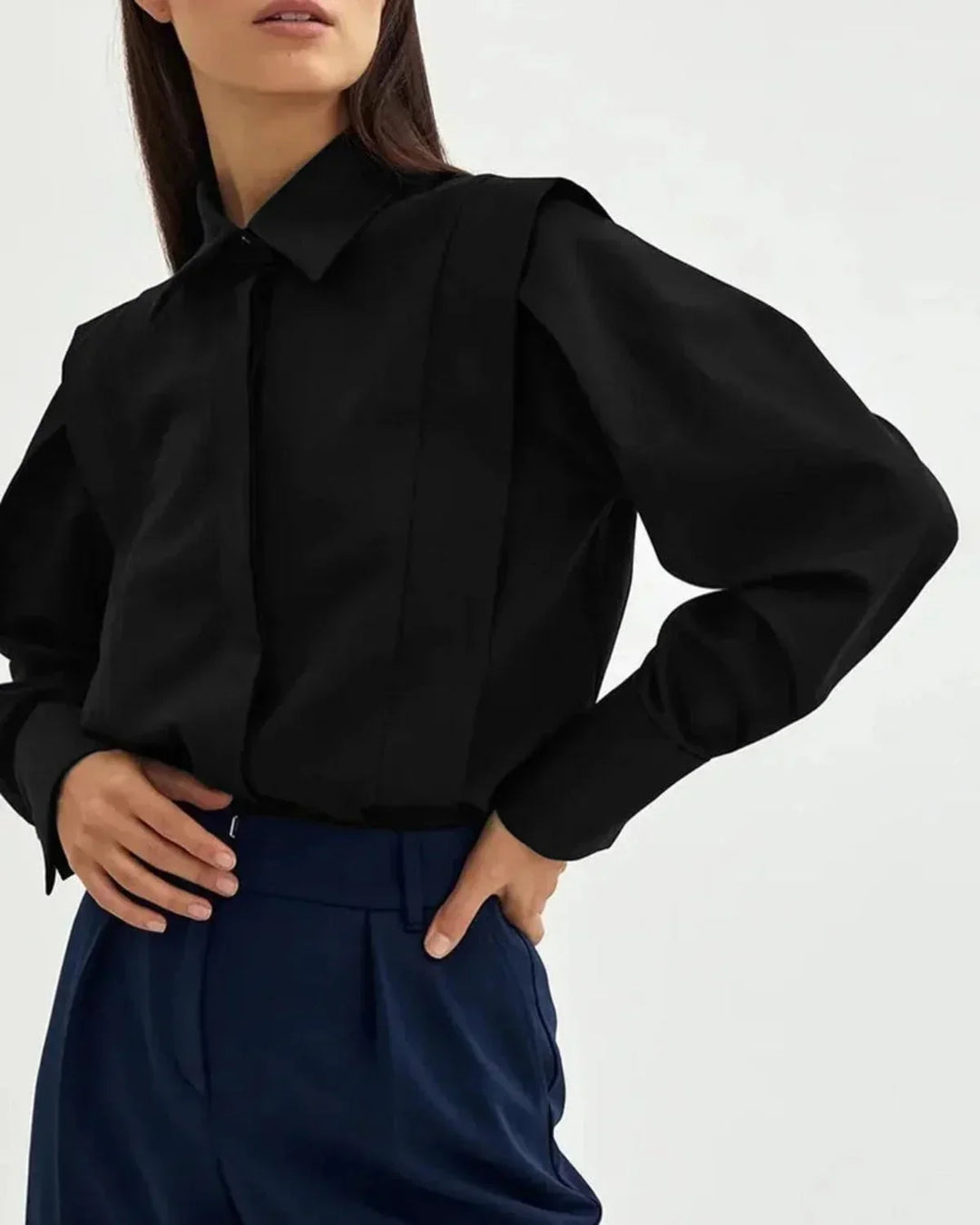 Elegant women's boxy button-down blouse, a versatile top for sophisticated casual & office wear.