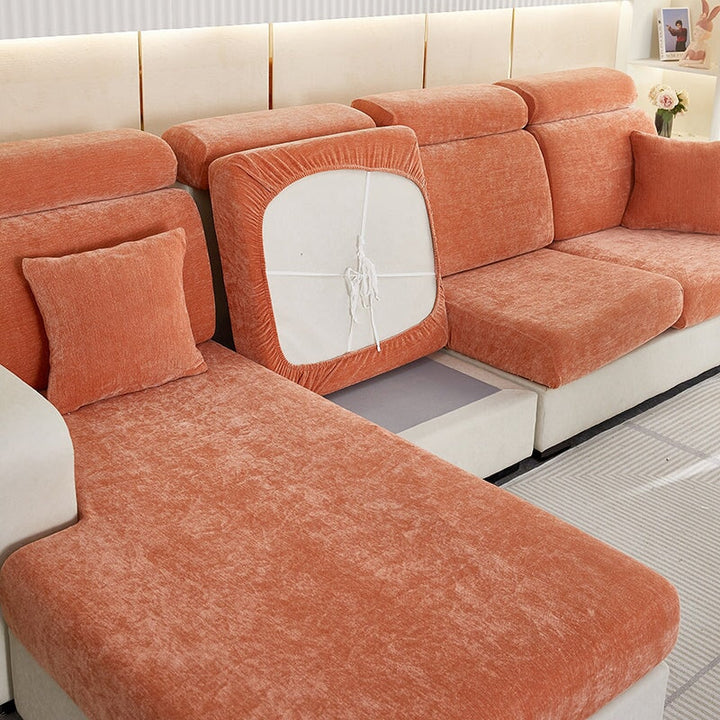 "Chenille sectional sofa cover in smoke color, fits snugly on sectional sofas to protect against wear, spills, and stains."