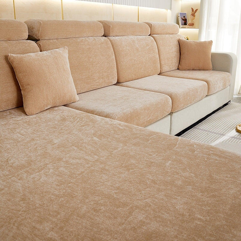 "Chenille sectional sofa cover in smoke color, fits snugly on sectional sofas to protect against wear, spills, and stains."