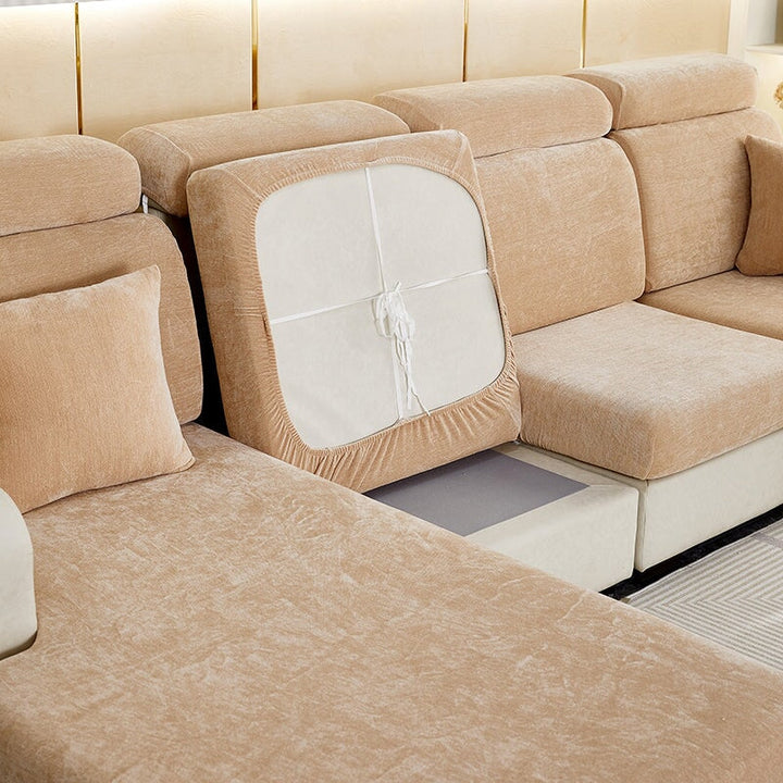 "Chenille sectional sofa cover in smoke color, fits snugly on sectional sofas to protect against wear, spills, and stains."
