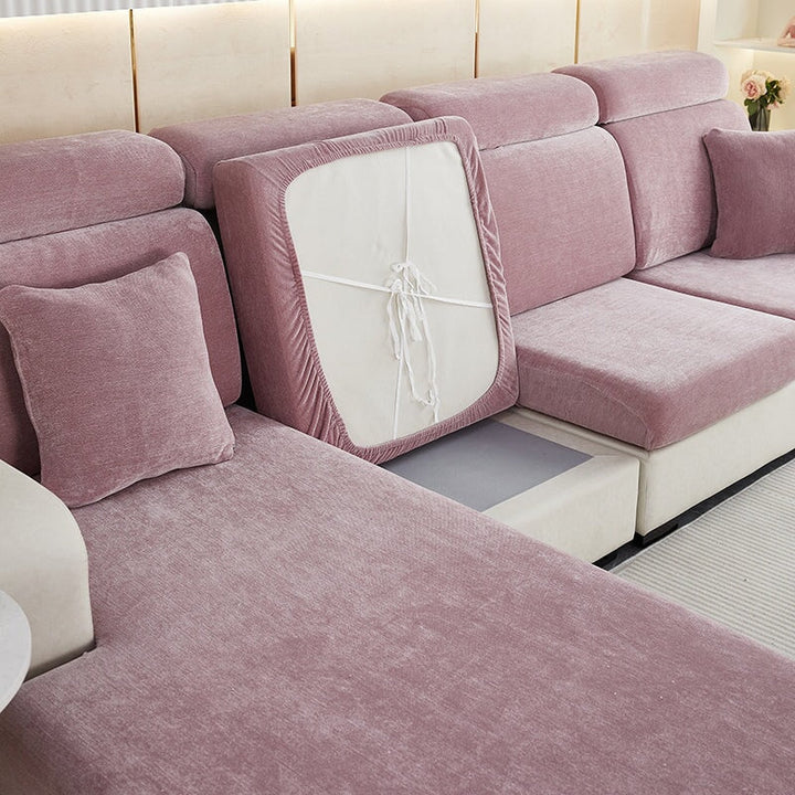 "Chenille sectional sofa cover in smoke color, fits snugly on sectional sofas to protect against wear, spills, and stains."