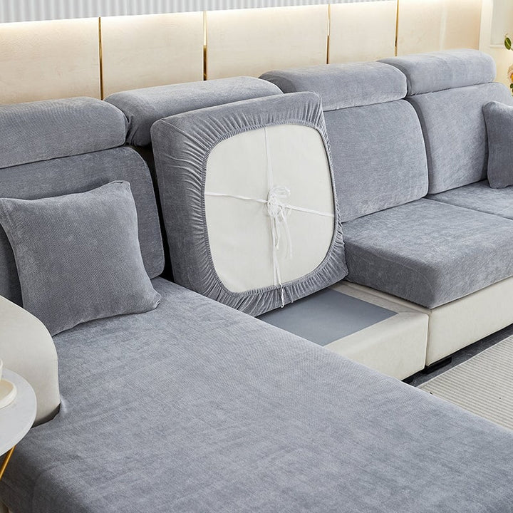 "Chenille sectional sofa cover in smoke color, fits snugly on sectional sofas to protect against wear, spills, and stains."