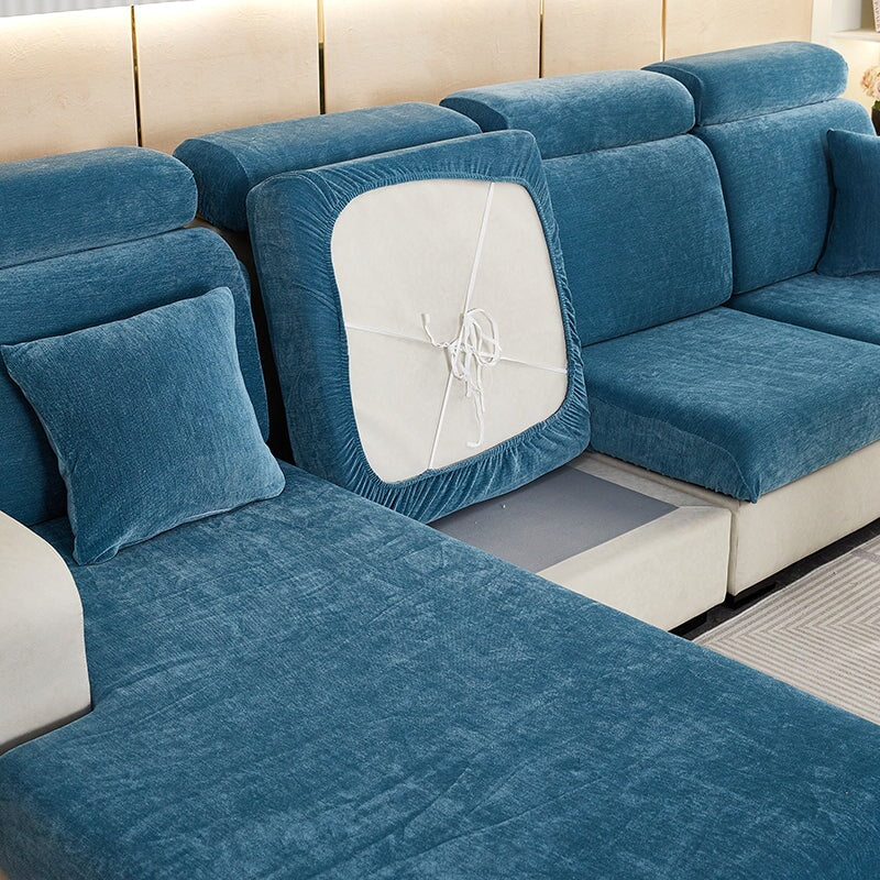 "Chenille sectional sofa cover in smoke color, fits snugly on sectional sofas to protect against wear, spills, and stains."