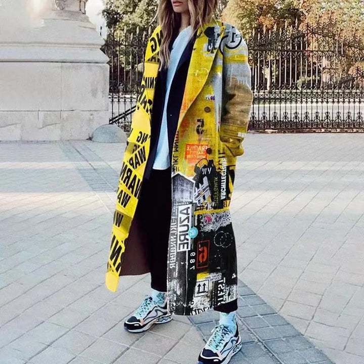 Chic patterned oversized coat, versatile outerwear, offering stylish comfort for fall winter.