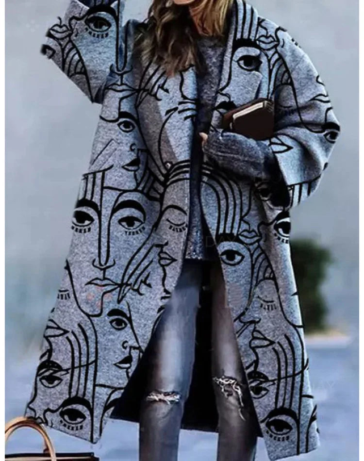 Patterned oversized coat, unisex, stylish fashion statement, perfect for fall winter outerwear.