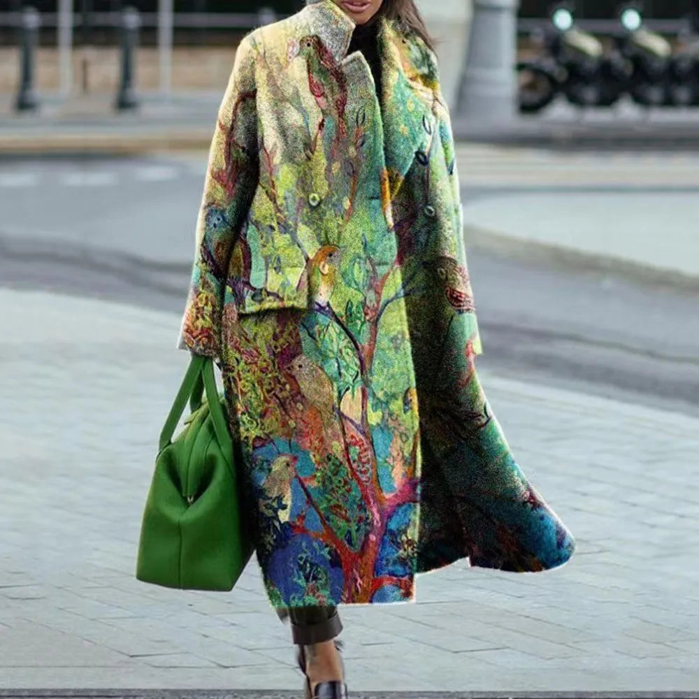 Comfortable patterned oversized coat, unisex, chic design for versatile fall winter fashion.