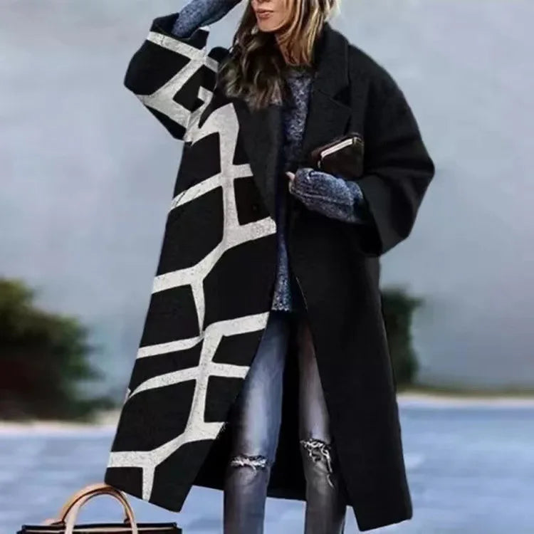 Elegant fall winter oversized coat, patterned, a stylish comfort statement piece for unisex wear.