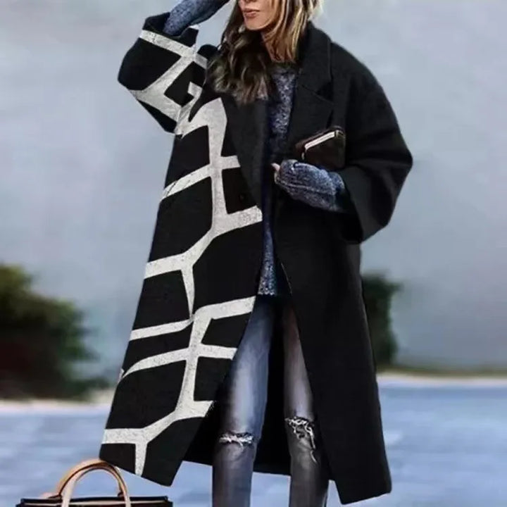 Elegant fall winter oversized coat, patterned, a stylish comfort statement piece for unisex wear.