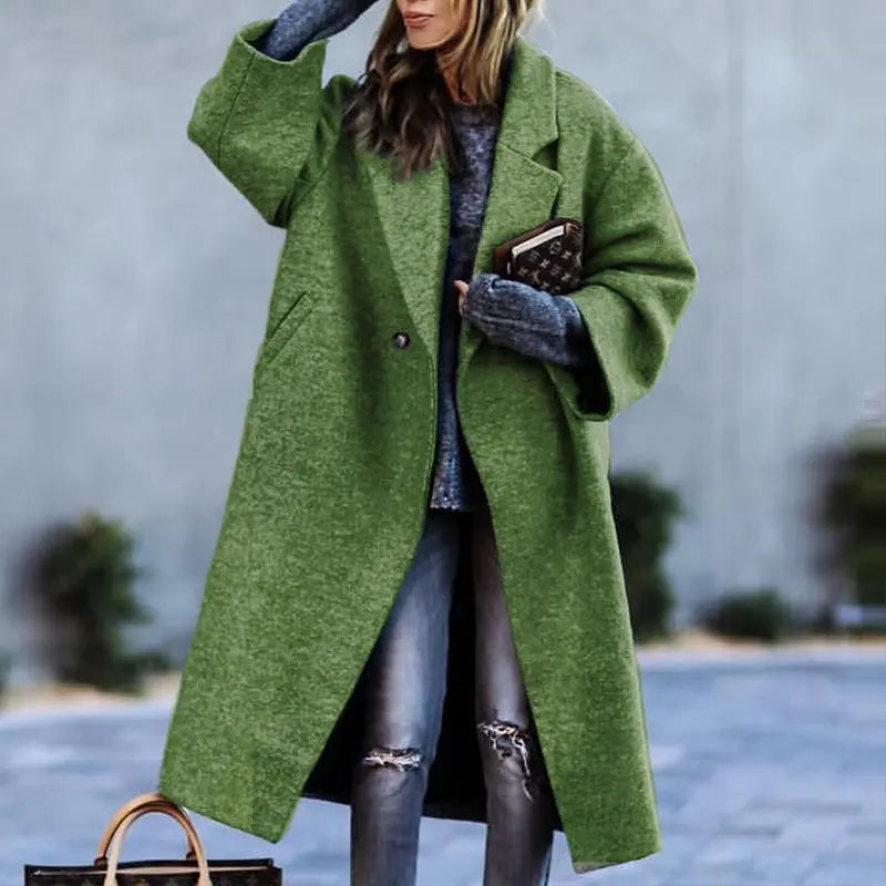 Chic oversized coat, unisex outerwear, comfortable fit for elegant fall winter fashion.