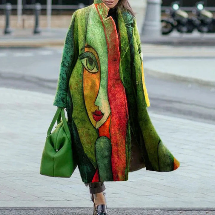 Elegant patterned oversized coat, long sleeve, chic apparel, ideal for fall winter outerwear.