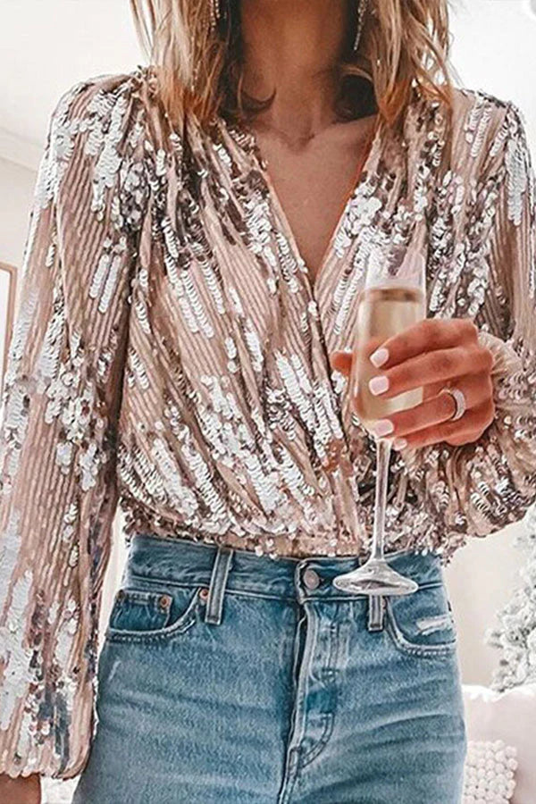 Chic silver blouse for women, front view; elegant party and casual style, flattering fit, versatile wardrobe staple.