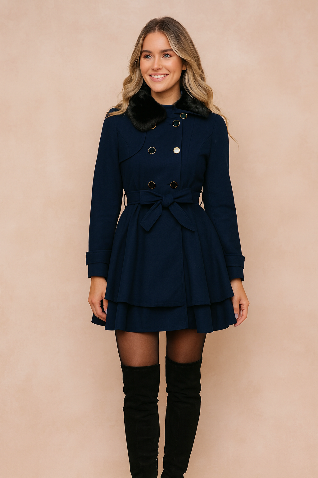 Chic women's double-breasted coat with belt & flared hem. Perfect for elegant fall & winter fashion outerwear.