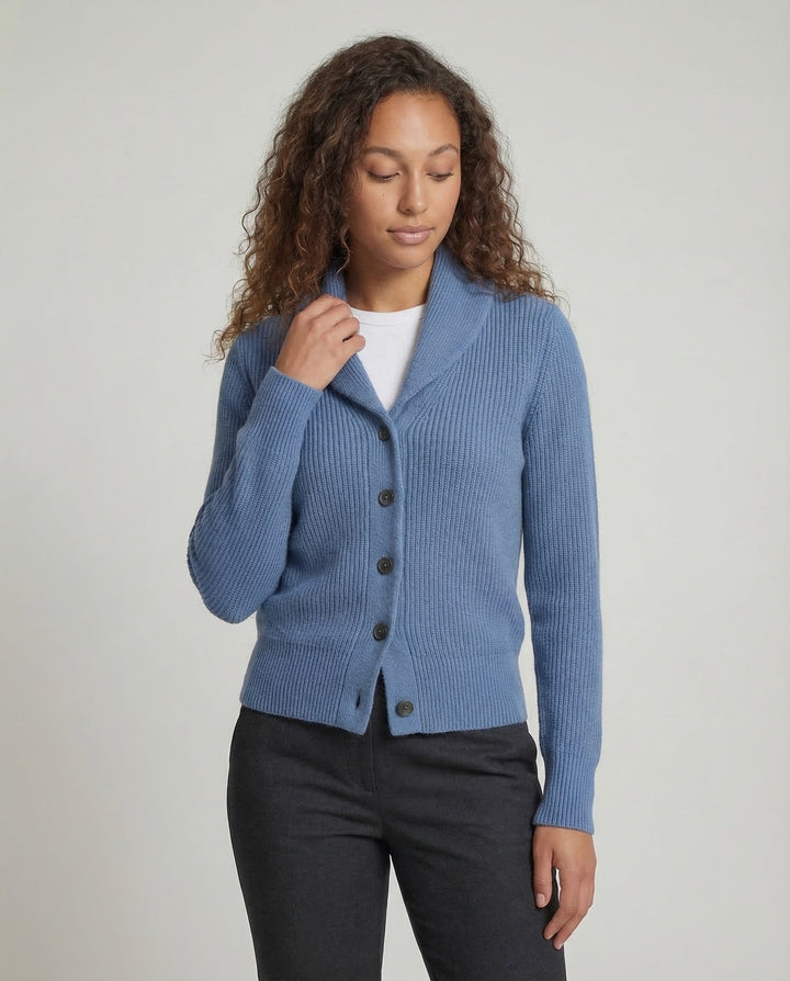 Elegant women's lapel collar cardigan, ideal for office wear. Features button front and long sleeves for professional style.