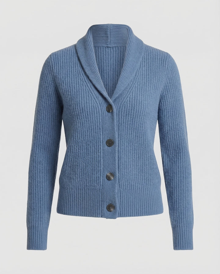 Close-up of a women's lapel collar cardigan, highlighting button front detail & long sleeves. A chic, versatile fashion piece.