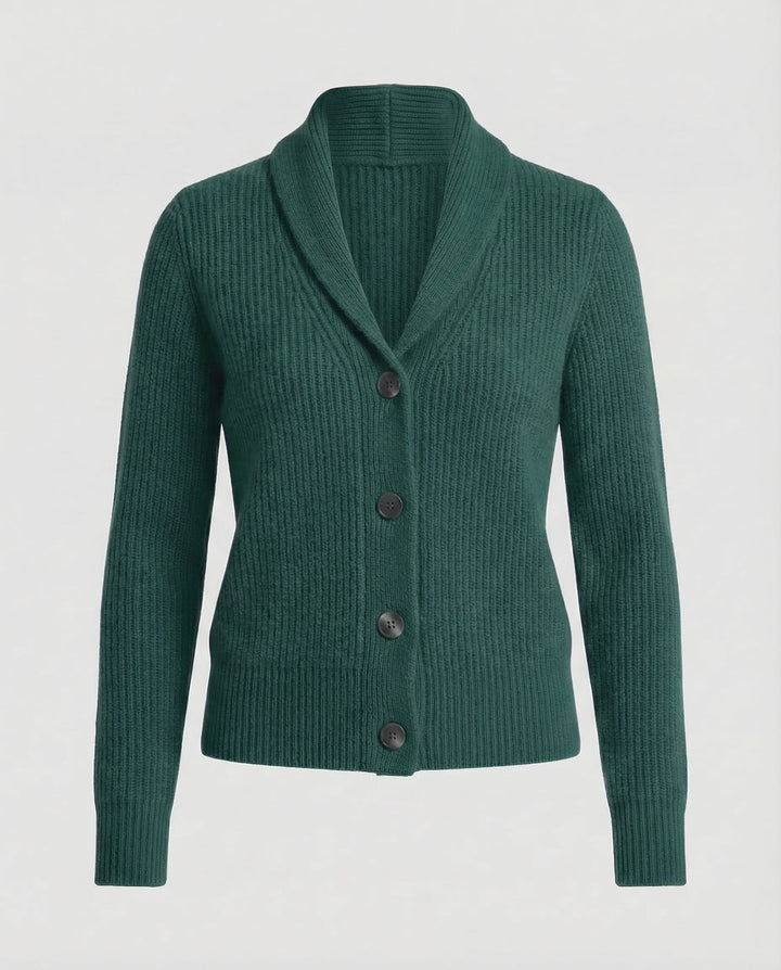 Model wearing a women's long sleeve lapel collar cardigan. Stylish button-front design, perfect versatile outerwear.