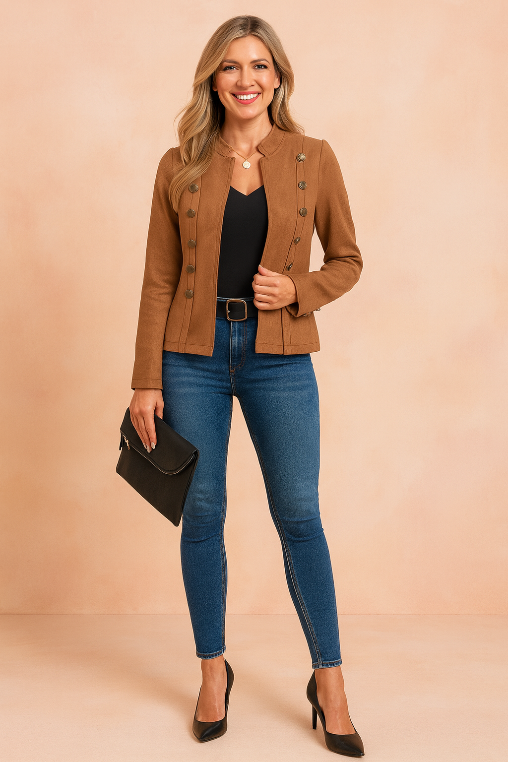 Chic women's short double-breasted blazer jacket, tailored for an elegant and stylish look.