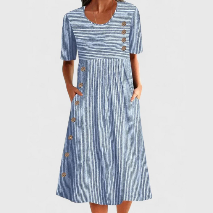 Chic women's striped midi dress with button details & 3/4 sleeves, perfect for summer casual or office wear.