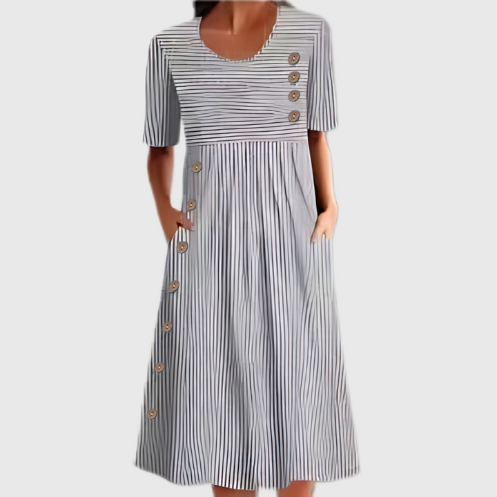Versatile women's summer striped midi dress with buttons in blue or gray, ideal for everyday style.