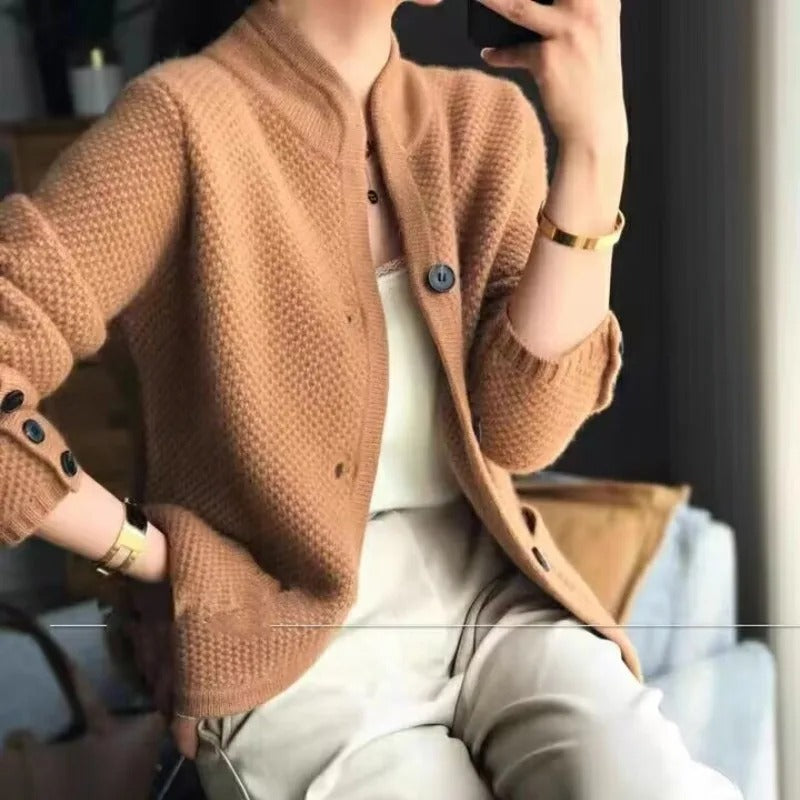 Stylish women's textured knit cardigan jacket with buttons, ideal for chic outerwear and long-sleeve layering.