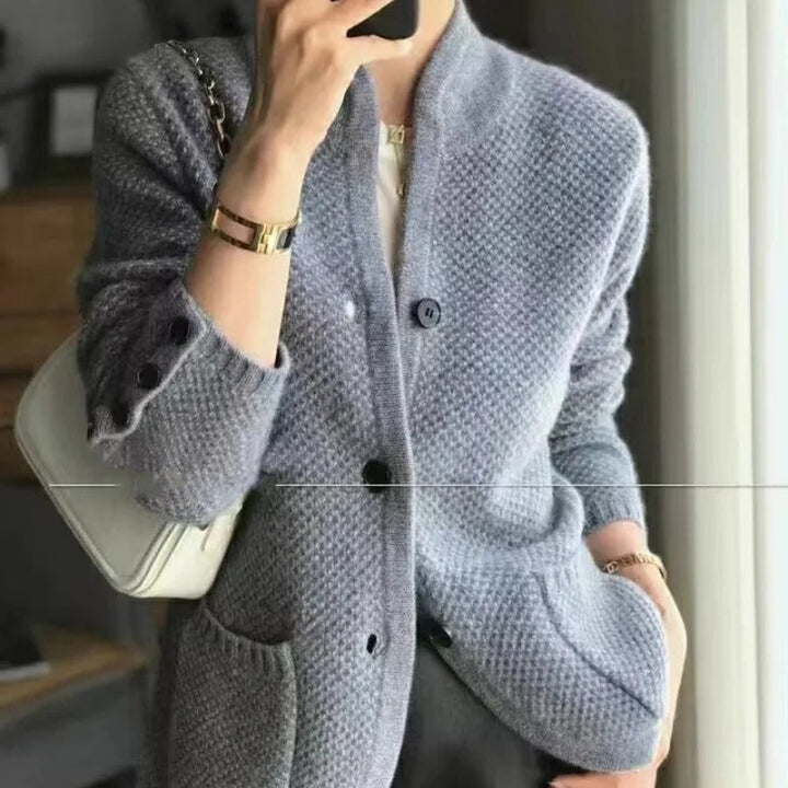 Comfortable women's collarless textured knit button-up jacket, a versatile long-sleeve cardigan for any season.