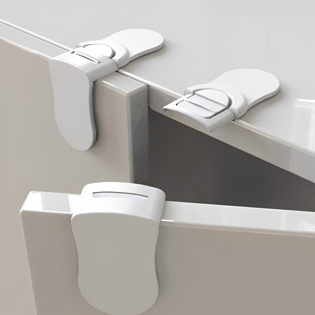 Child proof cabinet lock for home safety. Keeps infants safe from drawers and cabinets. Easy installation.