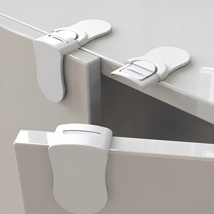 Child proof cabinet lock for home safety. Keeps infants safe from drawers and cabinets. Easy installation.