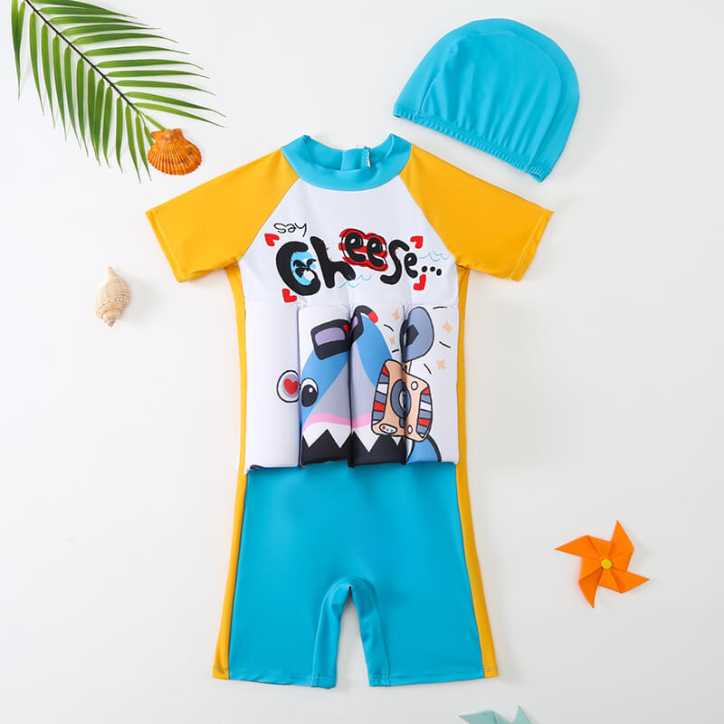 Playful design kids swim jacket, excellent for pool gear.