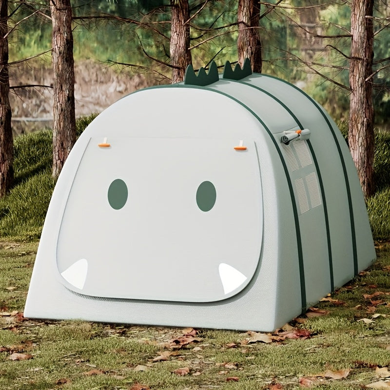 Children's dinosaur play tent, vibrant colors, easy setup for indoor/outdoor imaginative fun.