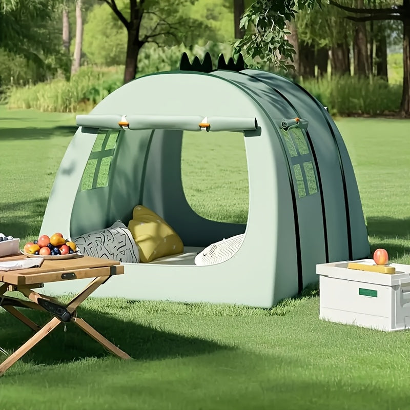 Kids playing inside a fun, foldable dinosaur pop-up tent, perfect for imaginative indoor adventures.